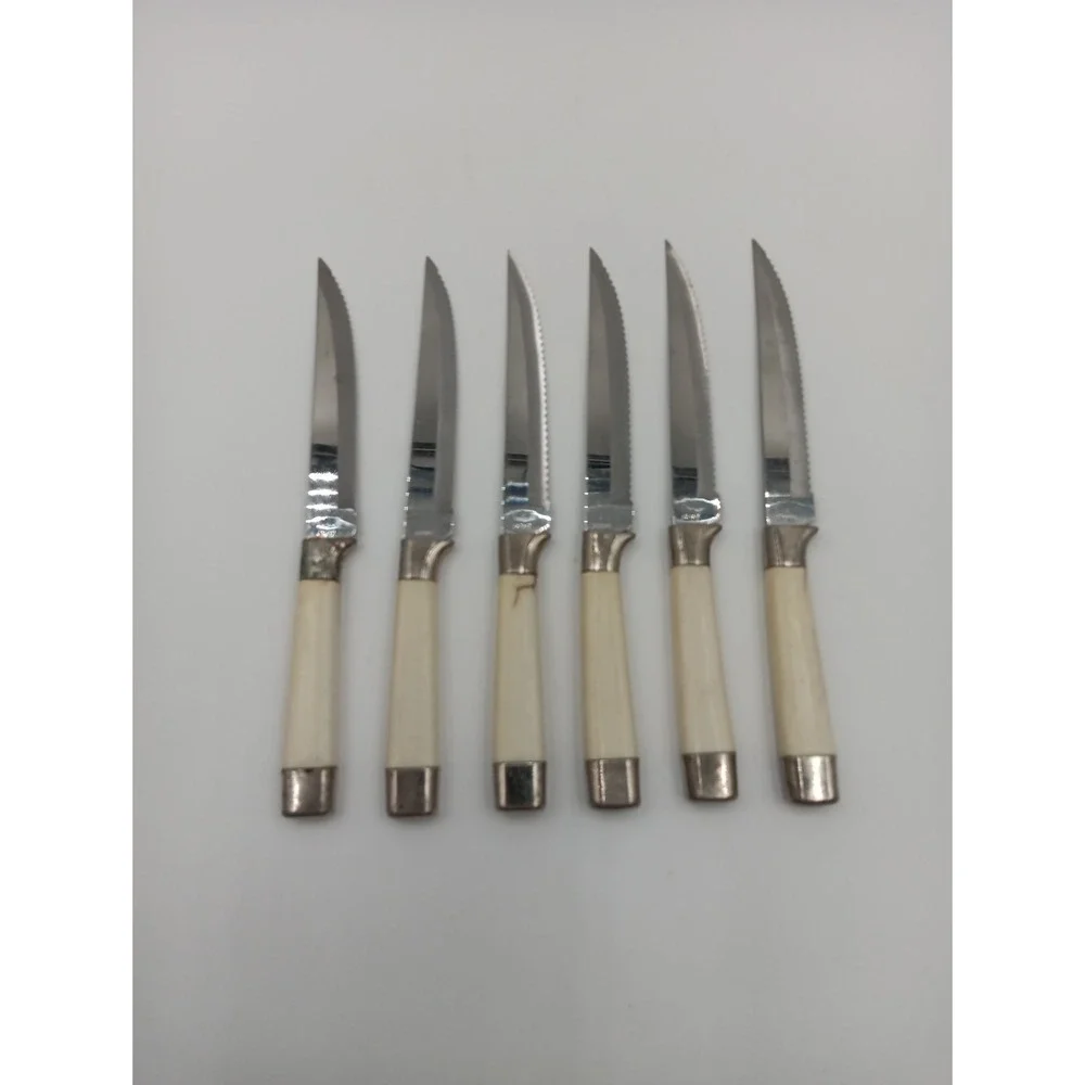 6 VTG Steak Knives Plastic Handle‎ Blue Bird Orange Stainless